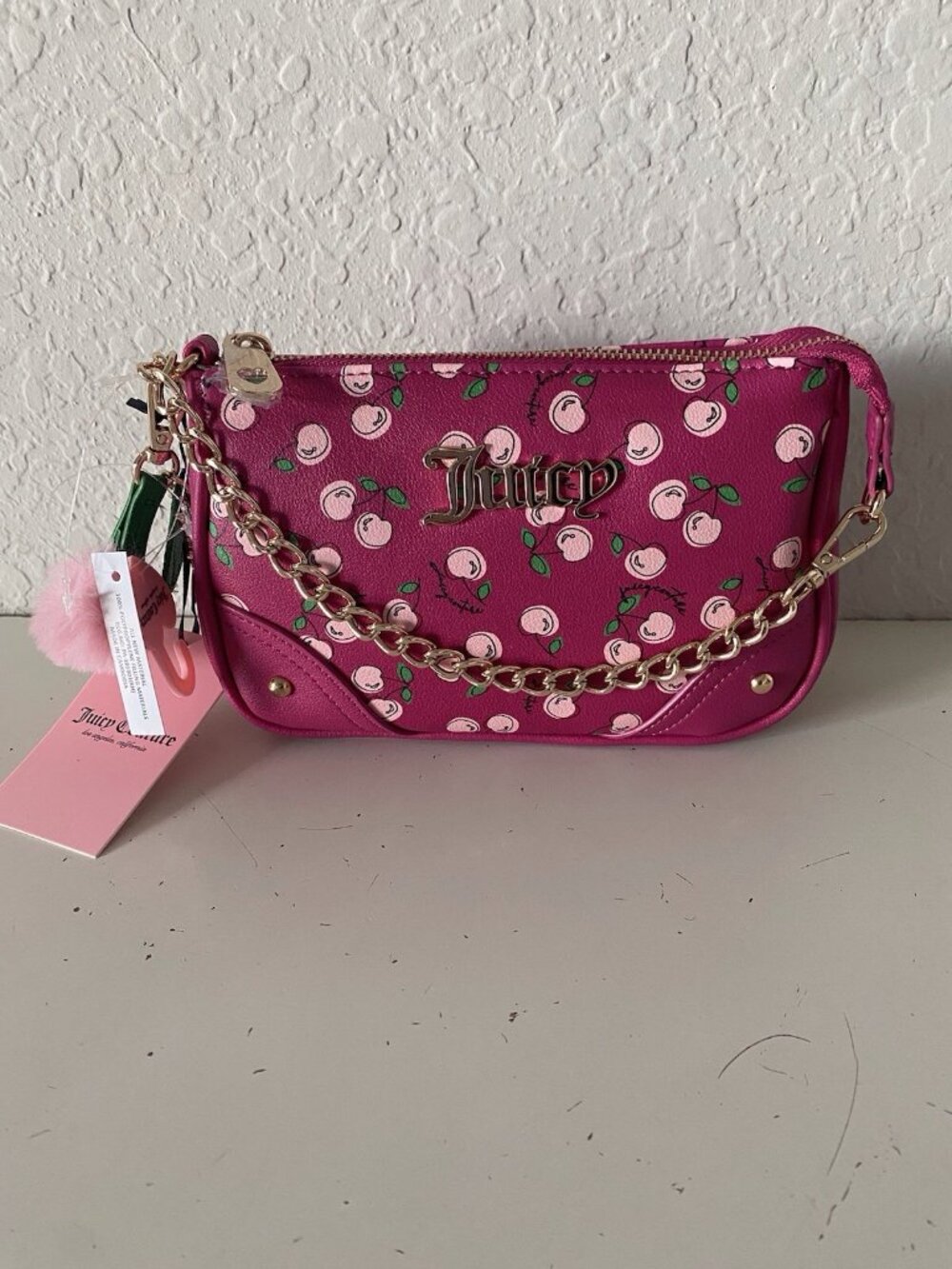Juicy Couture Cherry Girl Convertible Wristlet Raspberry Tart Pink W/Charm NEW
